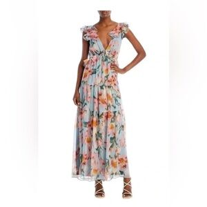 Aqua Multicolor Floral Ruffle Maxi Dress Size Medium